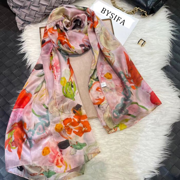 Floral Silk Scarf Shawl – pink flowers 18