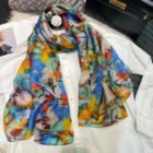 Floral Silk Scarf Shawl – blue orange 19