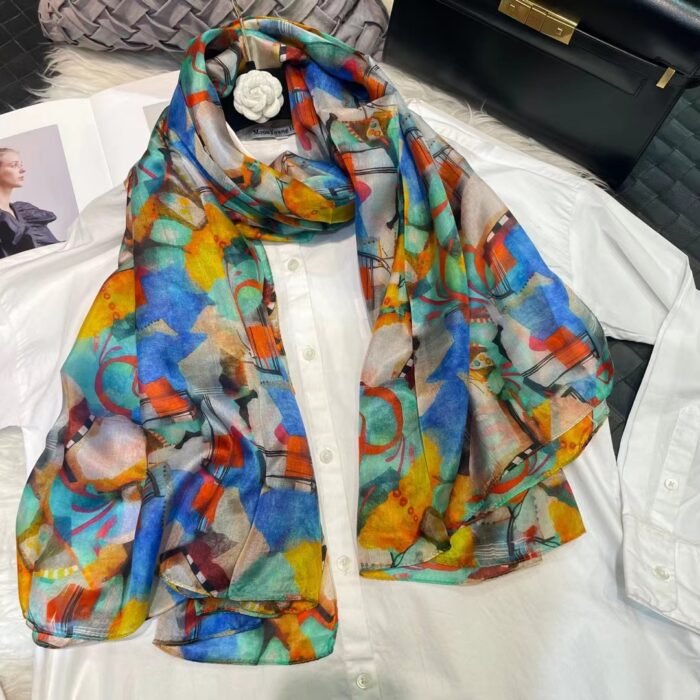 Floral Silk Scarf Shawl – blue orange 19
