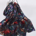 Floral Silk Scarf Shawl – navy blue red 22