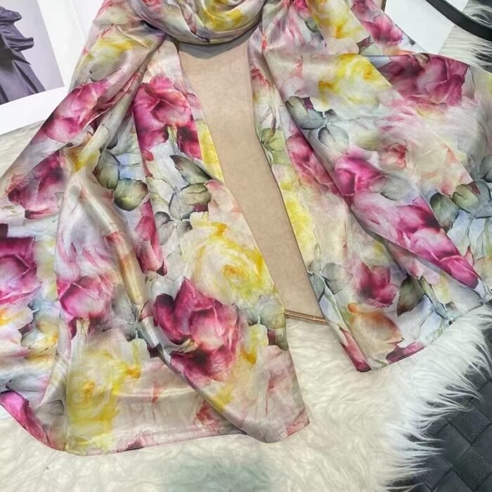 Light Printed Silk Scarf Shawl Wraps 180*110cm – pink yellow 7
