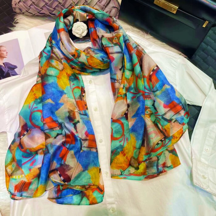 Light Printed Silk Scarf Shawl Wraps 180*110cm – yellow blue 12