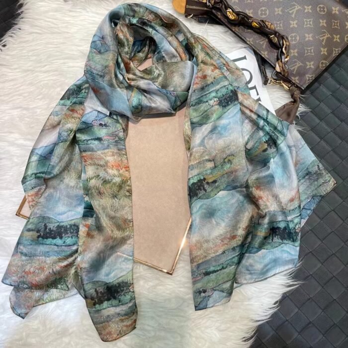Light Printed Silk Scarf Shawl Wraps 180*110cm – blue green 14