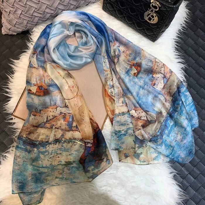 Light Printed Silk Scarf Shawl Wraps 180*110cm – blue khaki 19