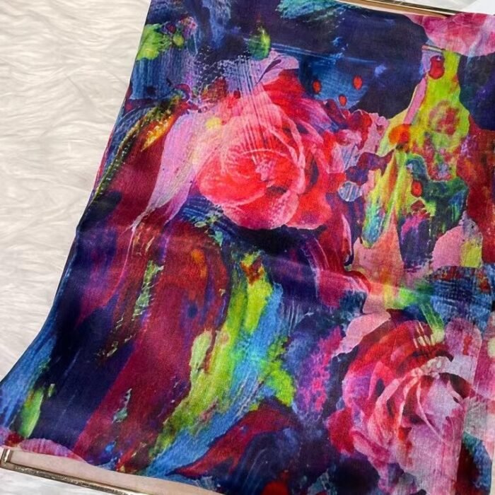 Watercolor Print Silk Long Scarf Shawl – blue pink 7