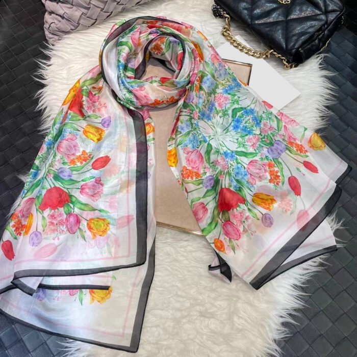 Watercolor Print Silk Long Scarf Shawl – white tulip 8