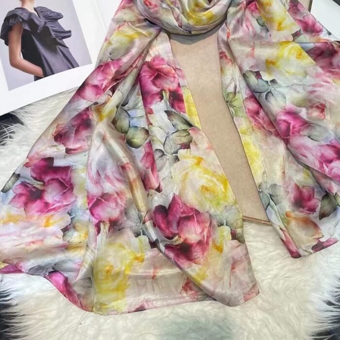 Watercolor Print Silk Long Scarf Shawl – pink floral 11