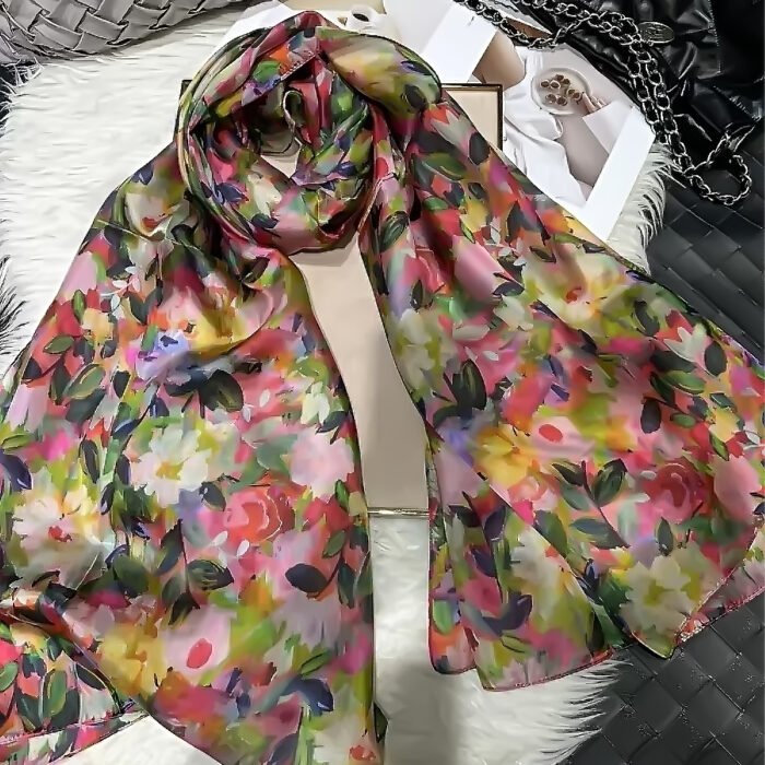 Watercolor Print Silk Long Scarf Shawl – green 12