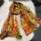 Watercolor Print Silk Long Scarf Shawl – yellow gold 13