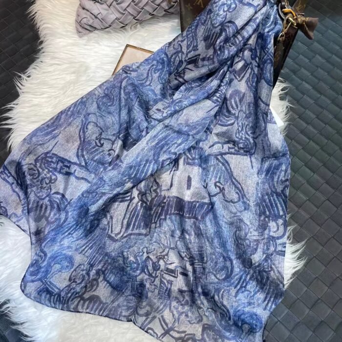 Watercolor Print Silk Long Scarf Shawl – ink blue 14