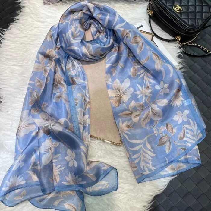 Watercolor Print Silk Long Scarf Shawl – dingo blue 15