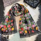 Watercolor Print Silk Long Scarf Shawl – black tulip 16