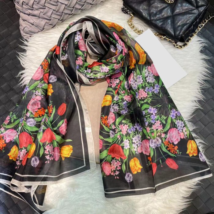 Watercolor Print Silk Long Scarf Shawl – black tulip 16