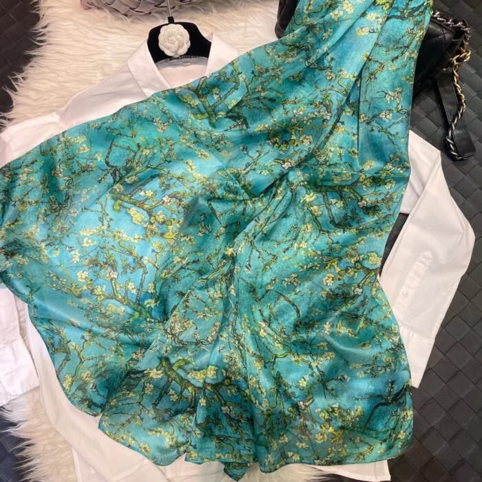 Watercolor Print Silk Long Scarf Shawl – green [200003699] 17