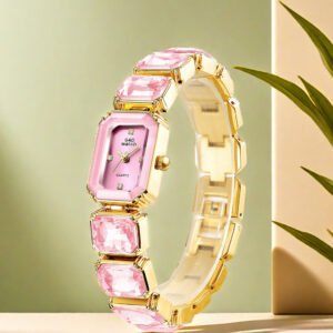 Golden square gem stone dial quartz watch