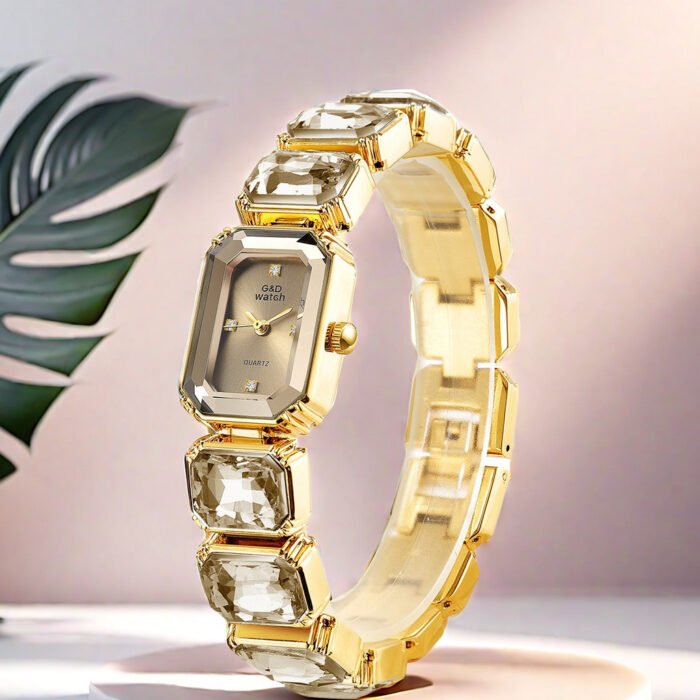 golden square gem stone dial quartz watch 2