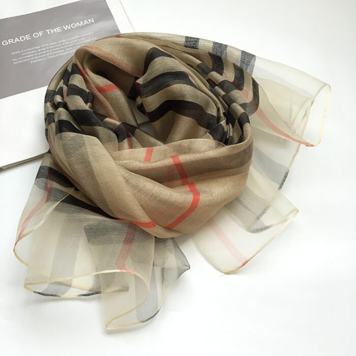 Plaid Wool Silk Scarf 84*190cm – Light Khaki 6