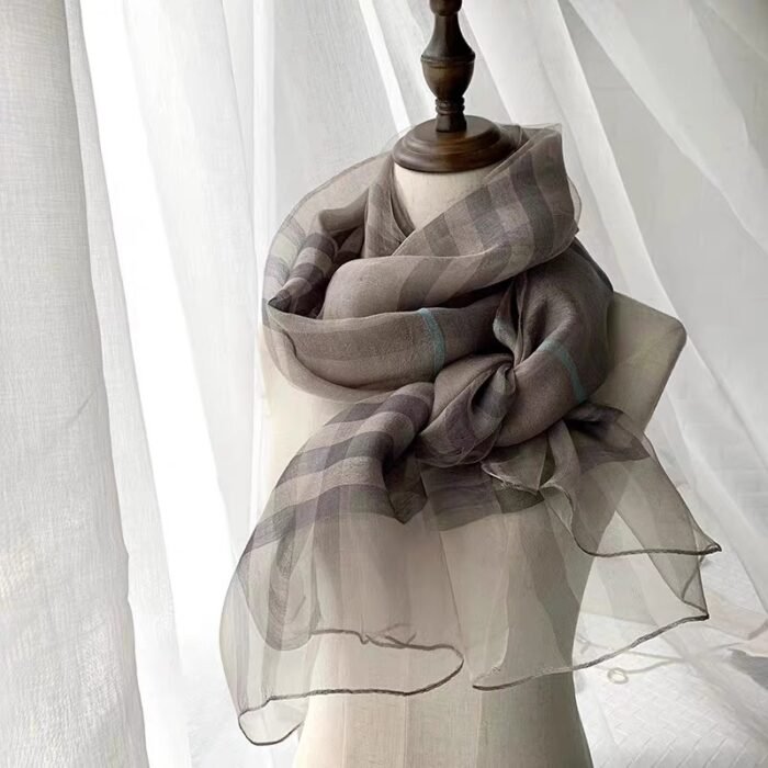 Plaid Wool Silk Scarf 84*190cm – Dark olive green 7