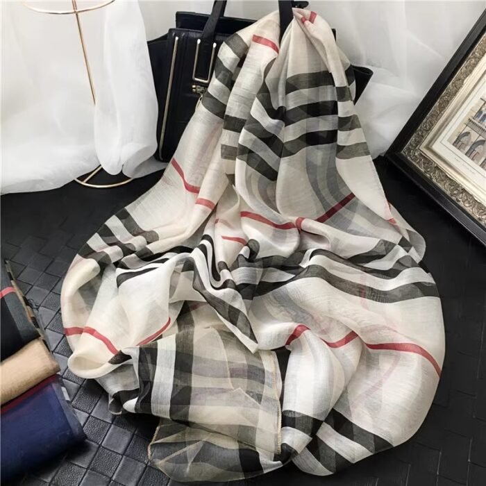 Plaid Wool Silk Scarf 84*190cm – Off white 8