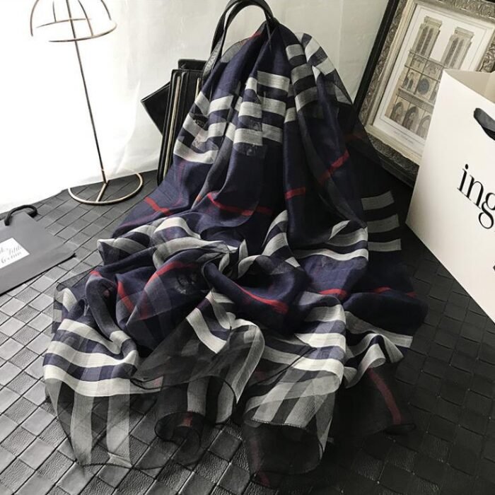 Plaid Wool Silk Scarf 84*190cm – Dark blue 14
