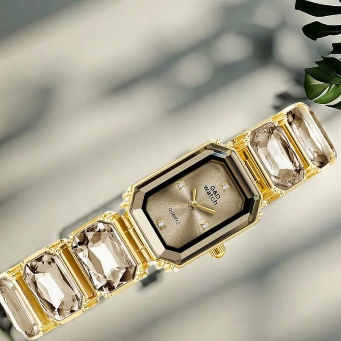 golden square gem stone dial quartz watch 3