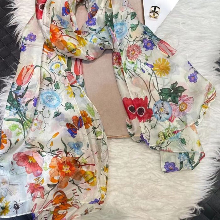 Summer Printed Silk Scarves – white flowers 5