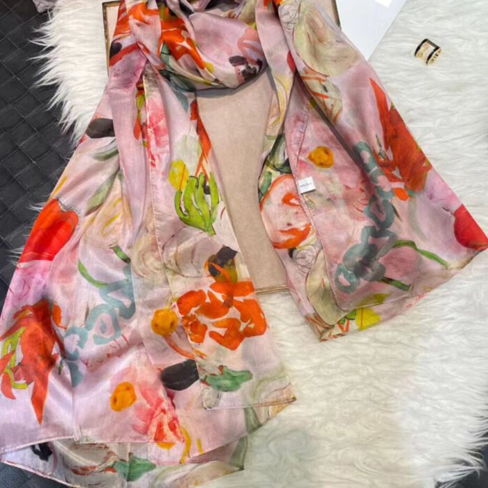 Summer Printed Silk Scarves – pink flowers 13